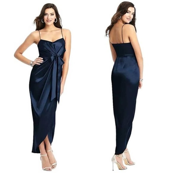 After Six Dresses & Skirts - Nwt After Six Charmeuse Stretch Draped Midi Dress 10 Midnight Blue Satin Wrap